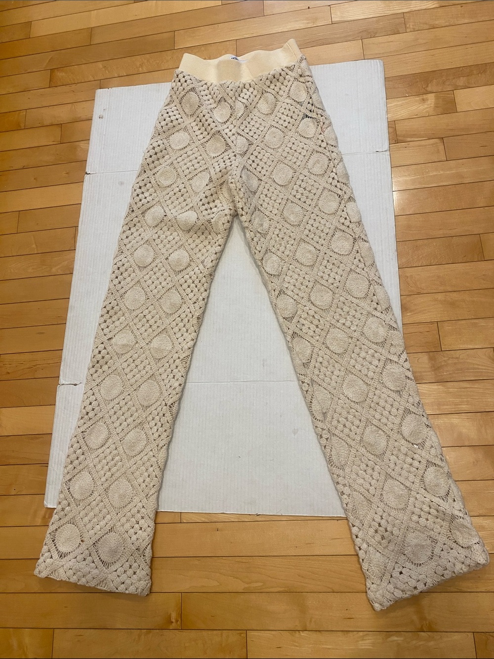 Andrea Iyamah HIRA Creme Elastic high waisted Crochet Knit Joggers/Pants X-Smal